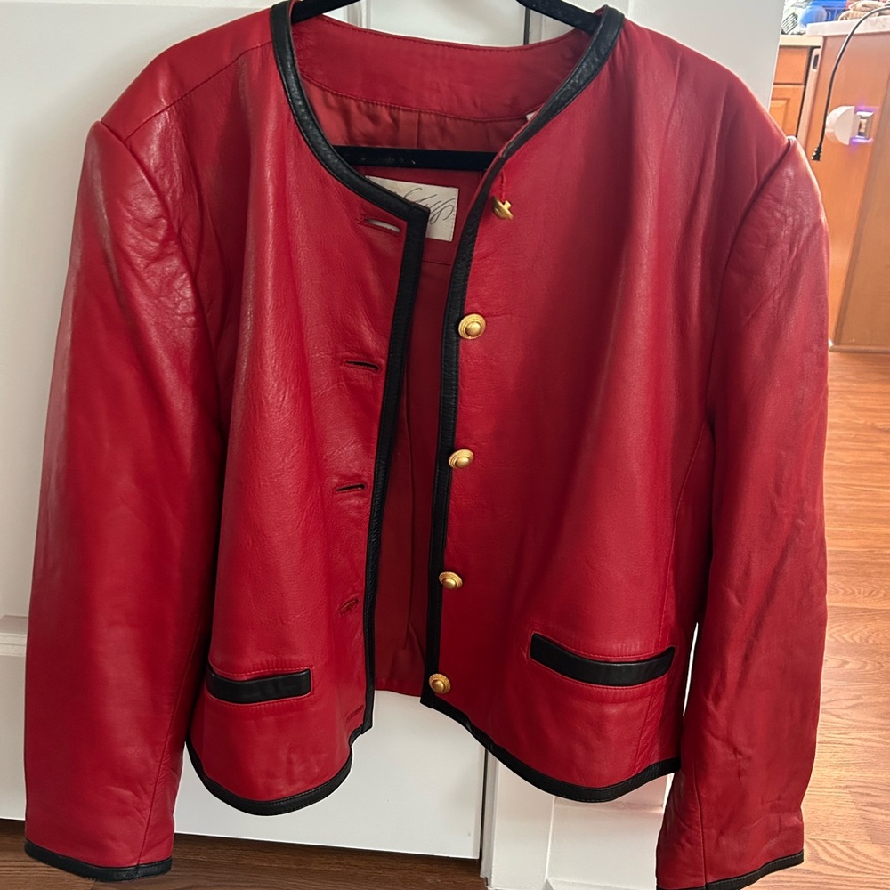 Lord & Taylor vintage Red Leather Jacket with Black Trim
